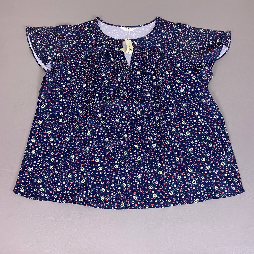 Agnes Orinda Blouse Top Women's 2X Navy‎ Blue Floral Flutter Sleeve Keyhole NEW